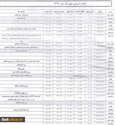 جدول اوقات شرعی مهرماه 94